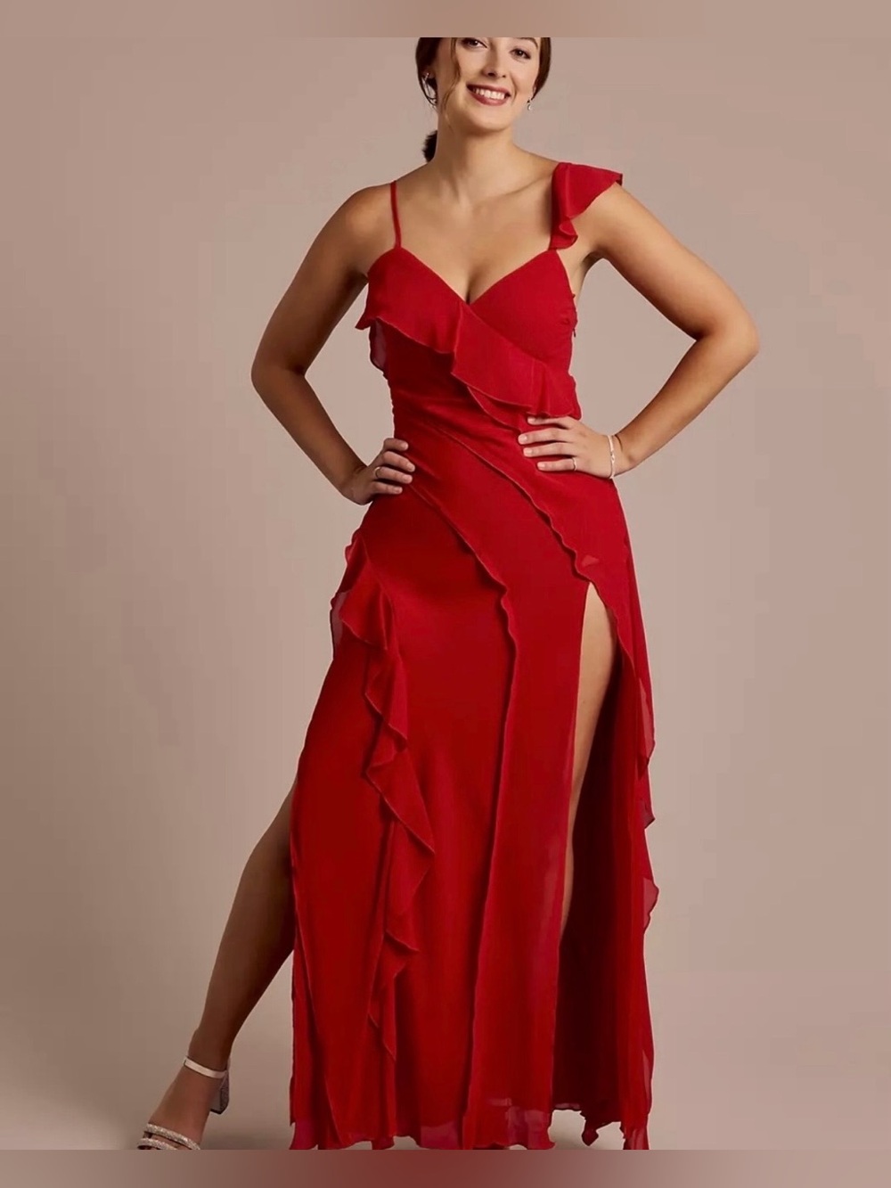 Beautiful Red Ruffle Chiffon Sheath Dress - Picture 4 of 6